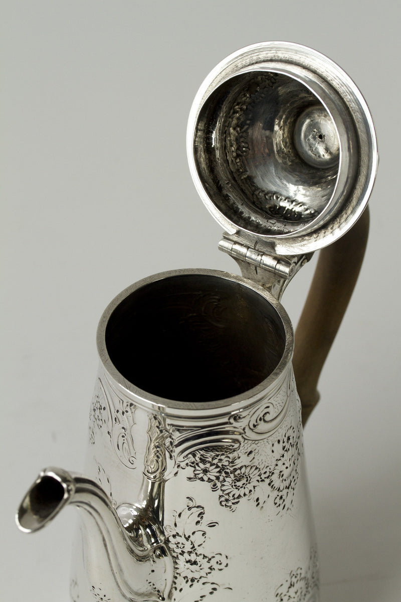 A George II Silver Coffee Pot by Ayme Videau, London 1749.