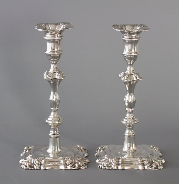 A Very Good Pair of Georgian Cast Silver Candlesticks, London 1752 by William Grundy