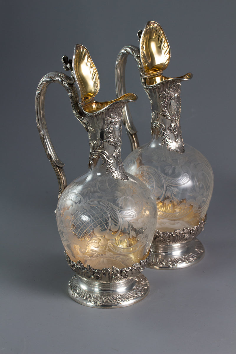 A Pair of Late 19th Century French Silver and Crystal Claret Jugs by Tetard Freres