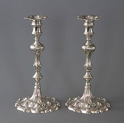 A Superb Pair of Georgian Cast Silver Candlesticks by Ebenezer Coker London 1763