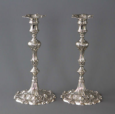 A Superb Pair of Georgian Cast Silver Candlesticks by Ebenezer Coker London 1763