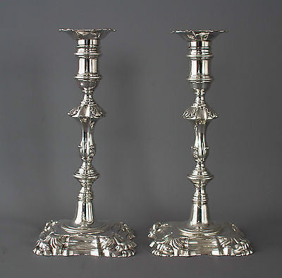 A Superb Pair of George II Cast Silver Candlesticks by John Cafe London 1754