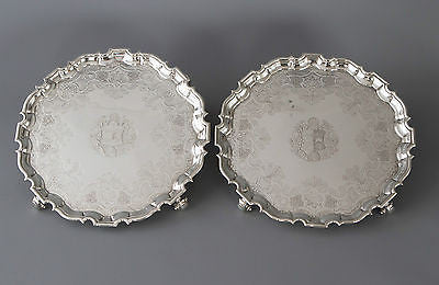 A Very Fine Pair of George II Silver Salvers London 1733 by Denis Langton