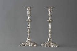 A Superb Pair of Georgian Cast Silver Candlesticks by William Cafe London 1763.