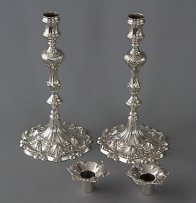 A Superb Pair of Georgian Cast Silver Candlesticks by Ebenezer Coker London 1763