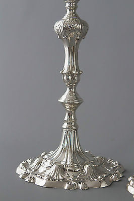 A Superb Pair of Georgian Cast Silver Candlesticks by Ebenezer Coker London 1763