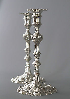 A Superb Pair of Georgian Cast Silver Candlesticks by Ebenezer Coker London 1763