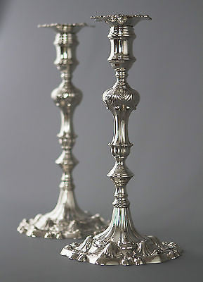 A Superb Pair of Georgian Cast Silver Candlesticks by Ebenezer Coker London 1763