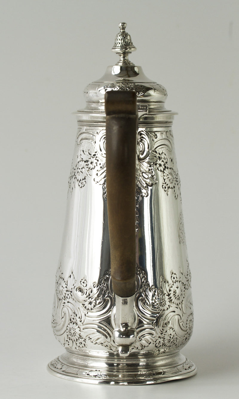 A George II Silver Coffee Pot by Ayme Videau, London 1749.