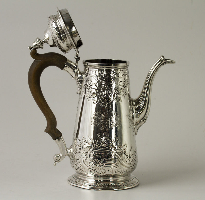 A George II Silver Coffee Pot by Ayme Videau, London 1749.