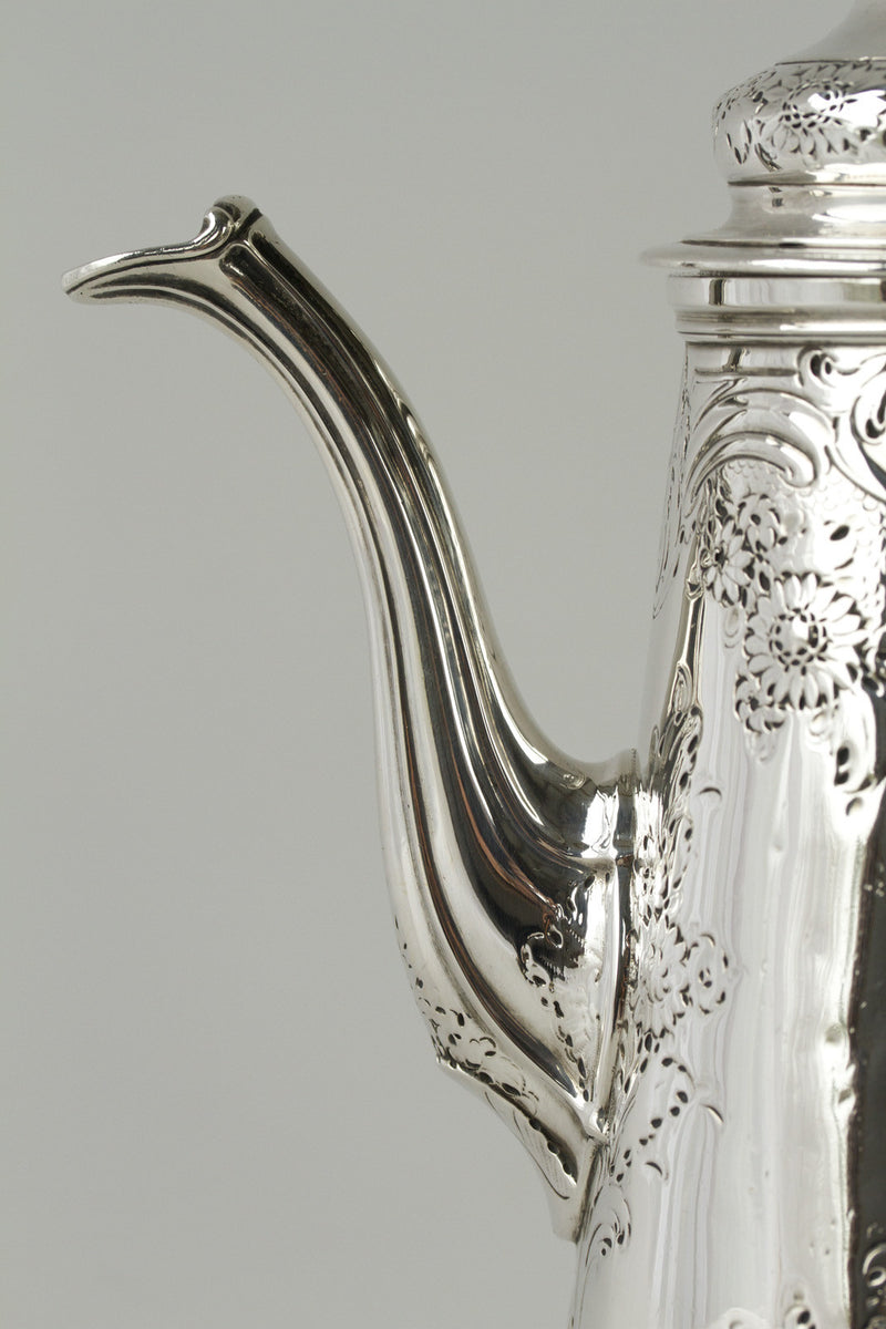 A George II Silver Coffee Pot by Ayme Videau, London 1749.