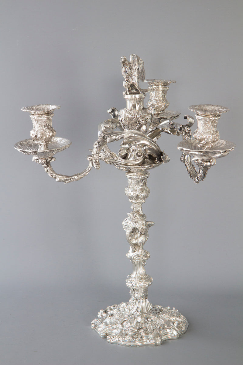An Impressive Pair of Cast Silver Four-Light Candelabra, London 1812 by William Pitts