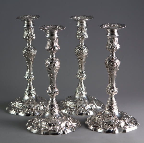A Set of 4 George II Cast Silver Candlesticks, London 1753 by John Cafe