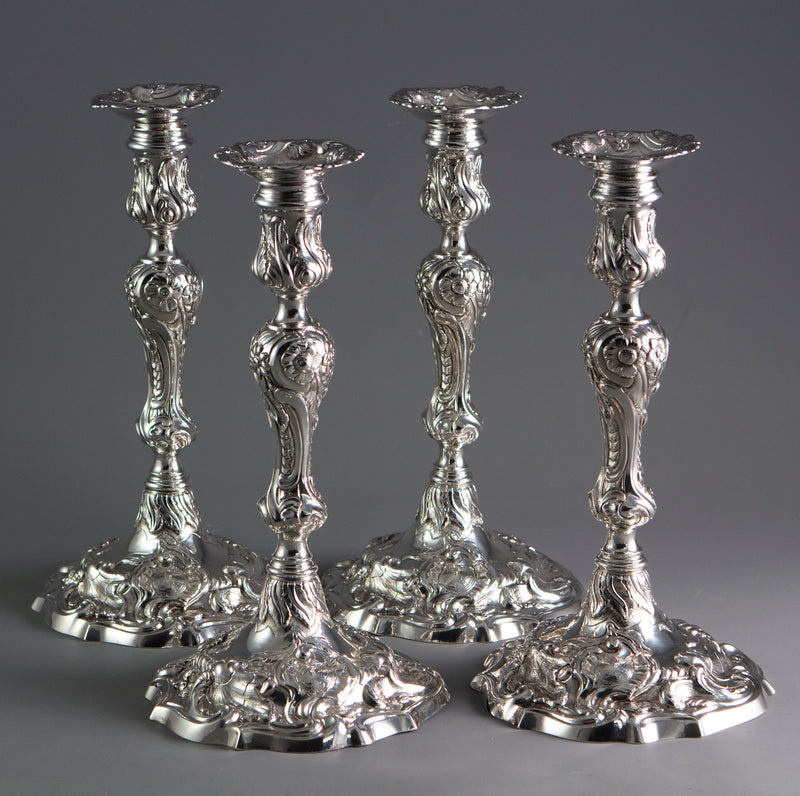 A Set of 4 George II Cast Silver Candlesticks, London 1753 by John Cafe
