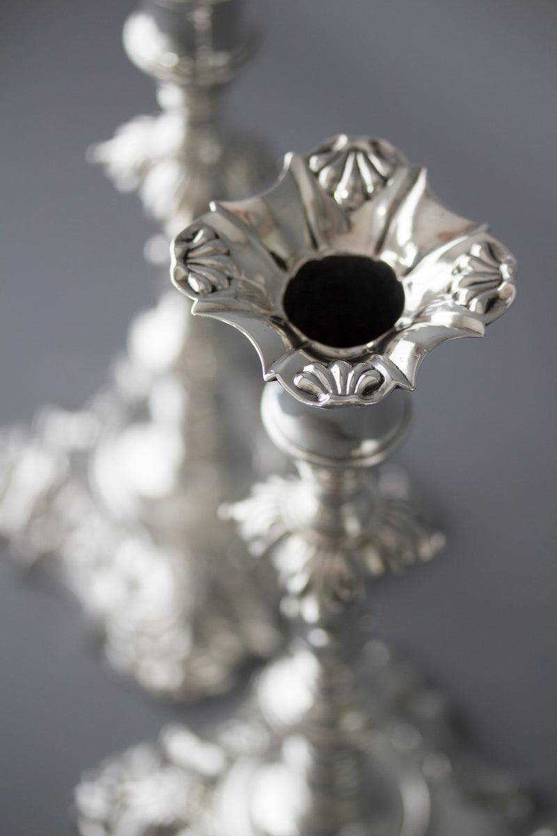 A Very Fine Pair of Georgian Cast Silver Candlesticks by John Cafe London 1757