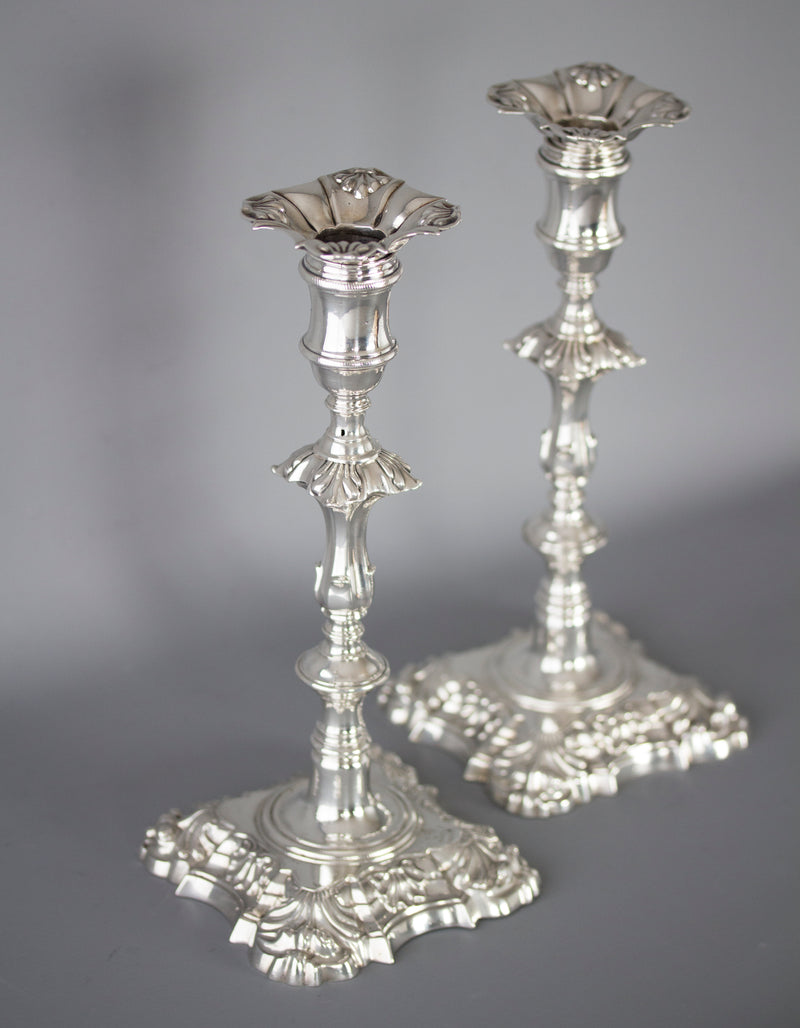 A Very Fine Pair of Georgian Cast Silver Candlesticks by John Cafe London 1757