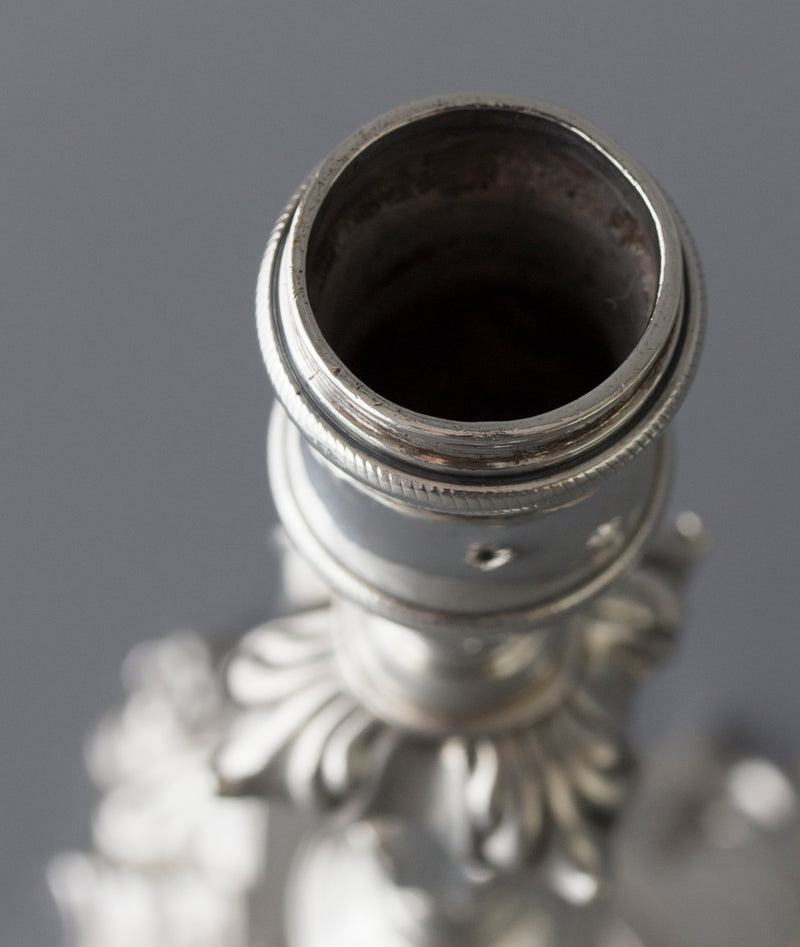 A Very Fine Pair of Georgian Cast Silver Candlesticks by John Cafe London 1757