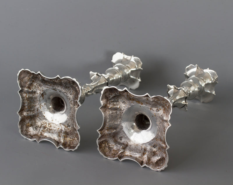 A Very Fine Pair of Georgian Cast Silver Candlesticks by John Cafe London 1757