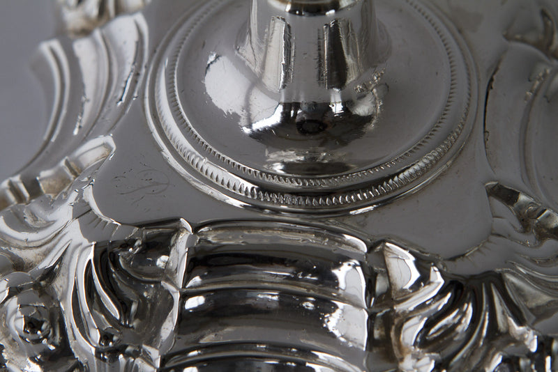 A Superb Pair of George II Cast Silver Candlesticks by John Cafe London 1754