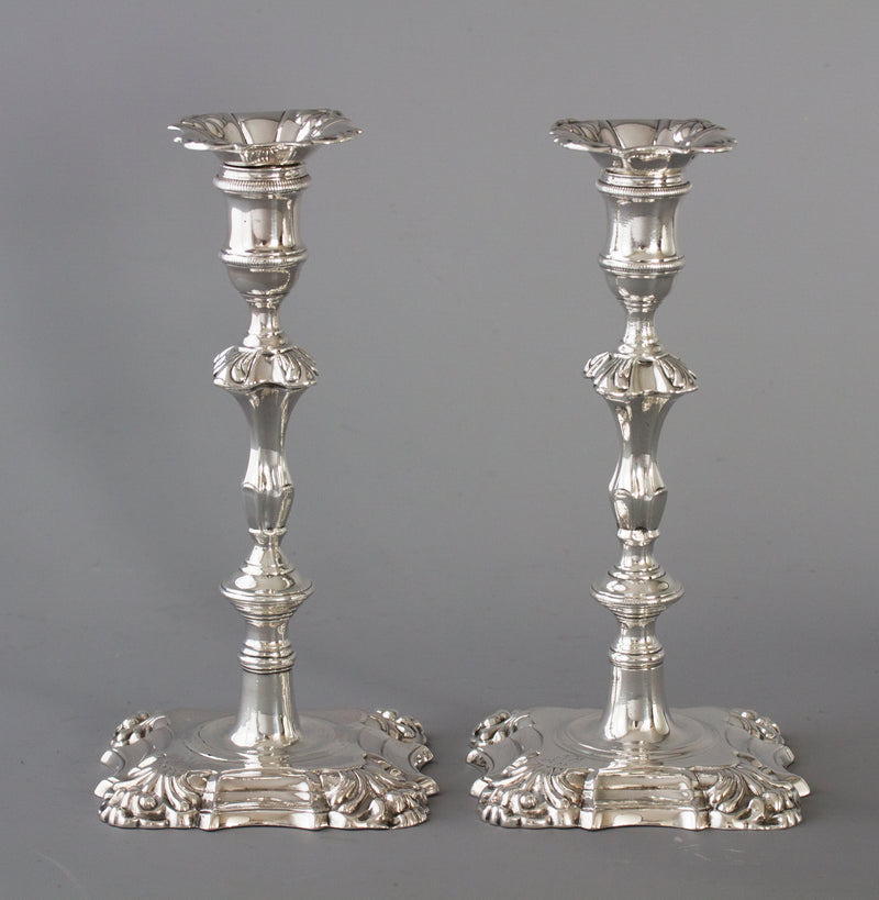 A Very Good Pair of Georgian Cast Silver Candlesticks, London 1752 by William Grundy