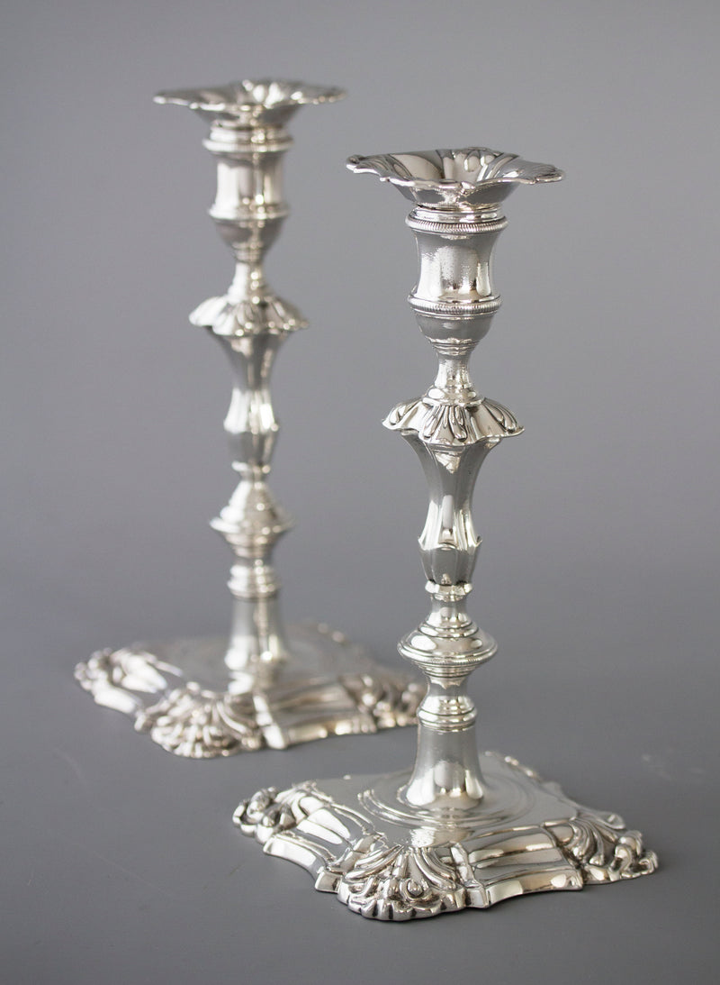 A Very Good Pair of Georgian Cast Silver Candlesticks, London 1752 by William Grundy