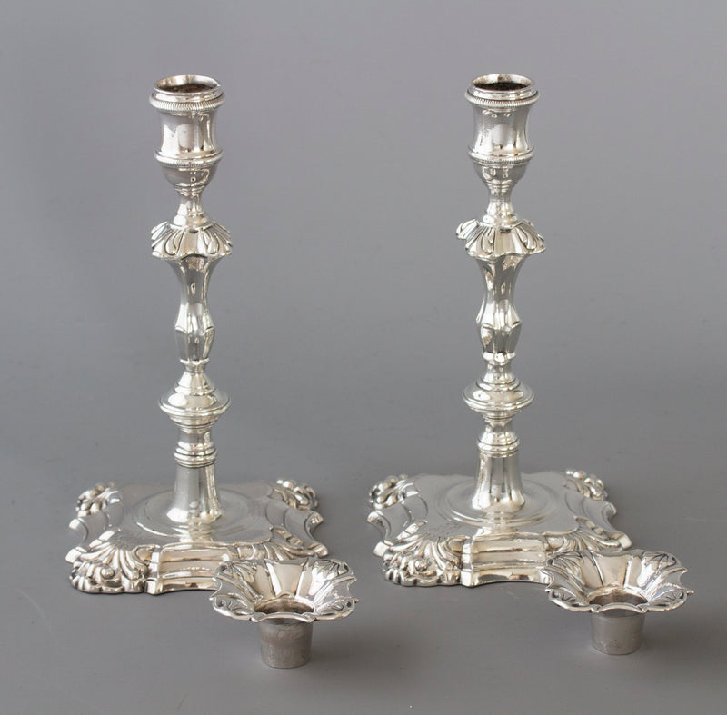 A Very Good Pair of Georgian Cast Silver Candlesticks, London 1752 by William Grundy
