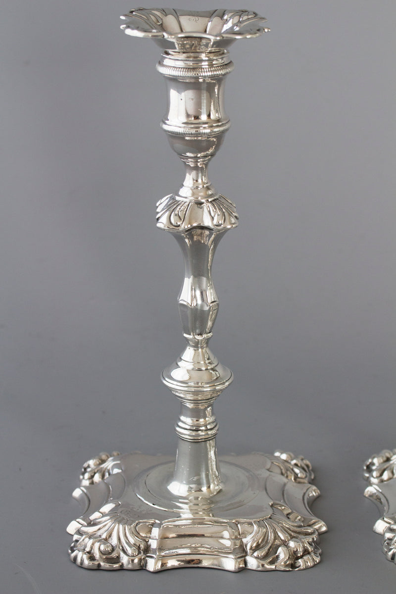 A Very Good Pair of Georgian Cast Silver Candlesticks, London 1752 by William Grundy