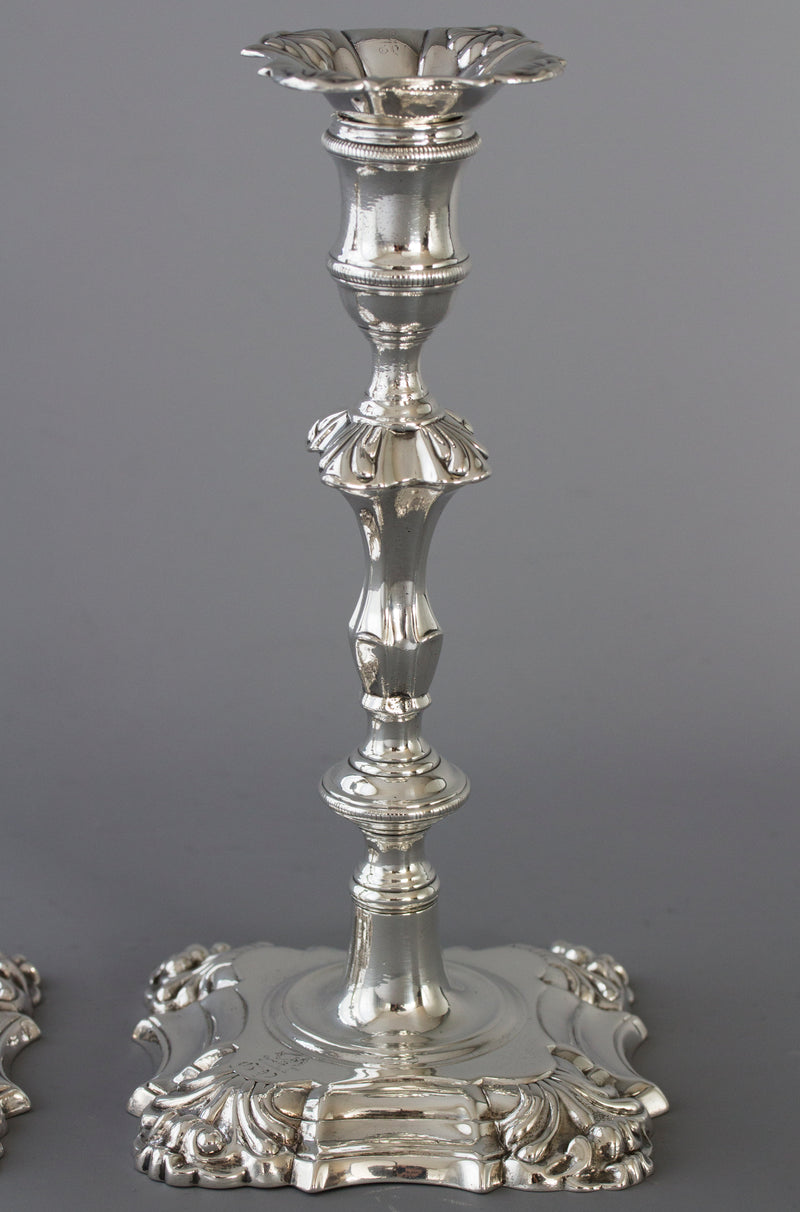 A Very Good Pair of Georgian Cast Silver Candlesticks, London 1752 by William Grundy