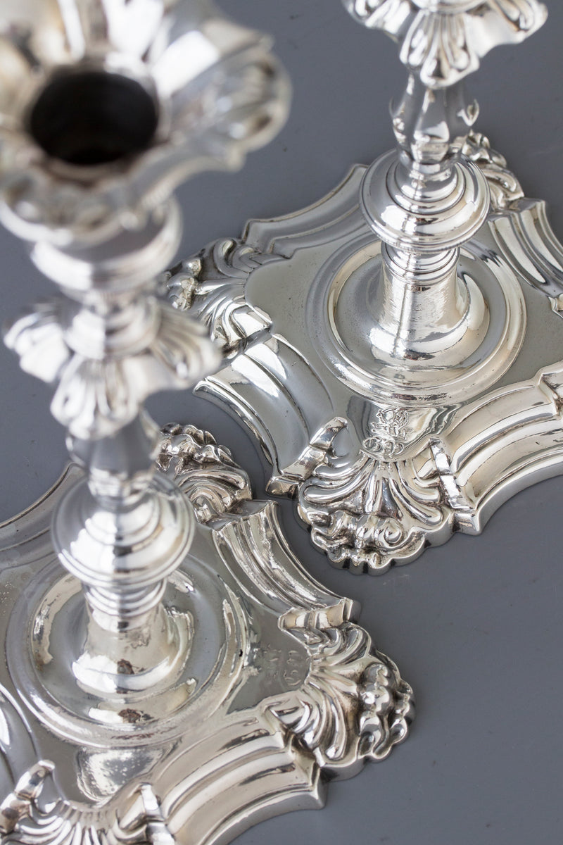 A Very Good Pair of Georgian Cast Silver Candlesticks, London 1752 by William Grundy