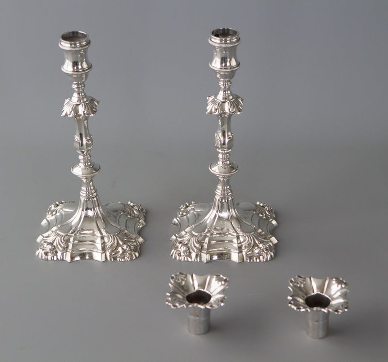 A Superb Pair of George II Cast Silver Candlesticks by William Cafe London 1757