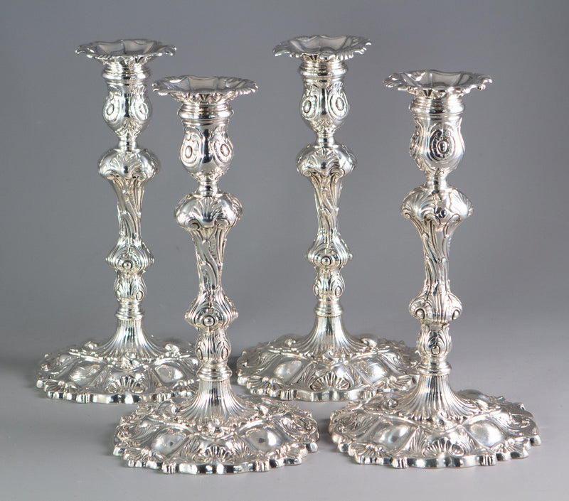 A Set of Four Cast Silver Candlesticks London 1749 by William Gould