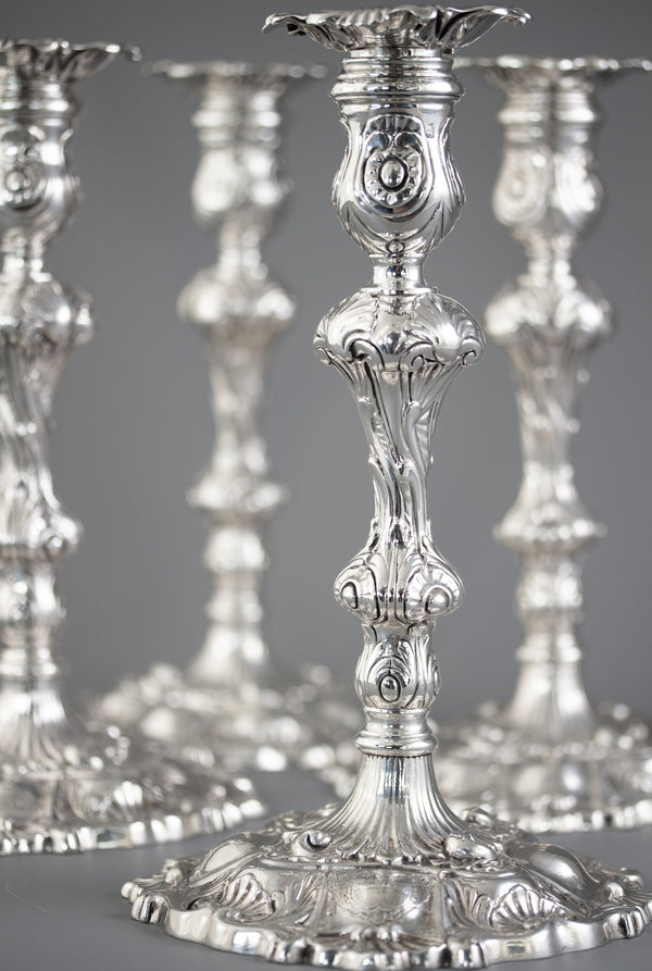 A Set of Four Cast Silver Candlesticks London 1749 by William Gould