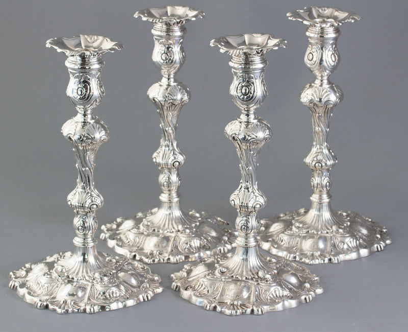 A Set of Four Cast Silver Candlesticks London 1749 by William Gould