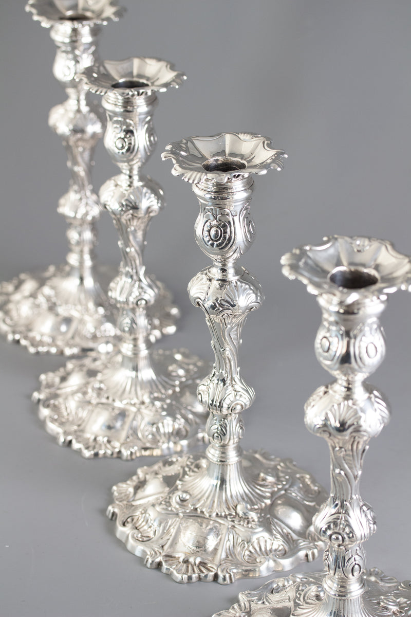 A Set of Four Cast Silver Candlesticks London 1749 by William Gould