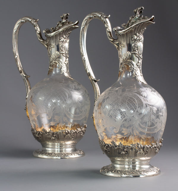 A Pair of Late 19th Century French Silver and Crystal Claret Jugs by Tetard Freres