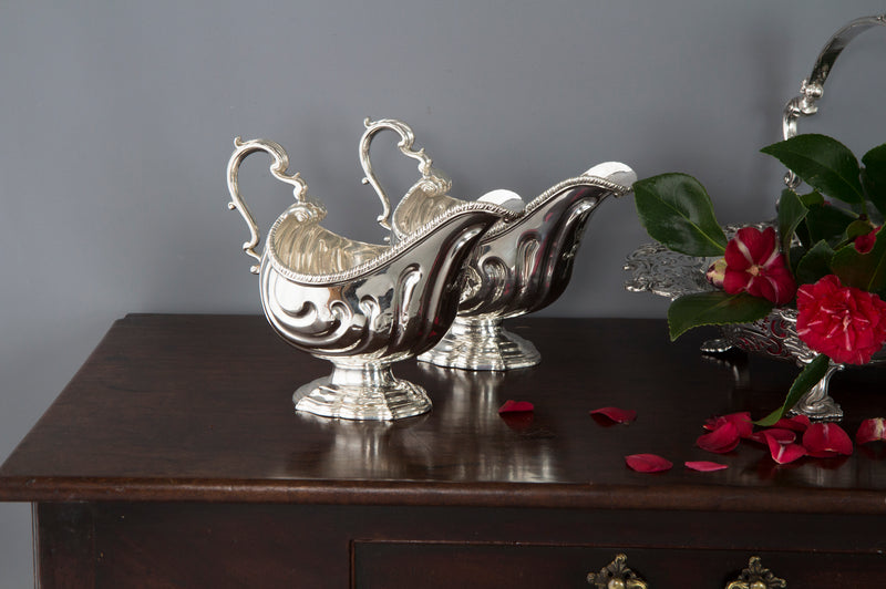 A Very Heavy Pair of George II Silver Pedestal Sauce Boats, London 1758, by Henry Dutton