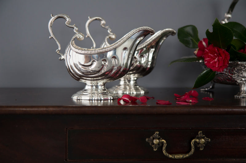 A Very Heavy Pair of George II Silver Pedestal Sauce Boats, London 1758, by Henry Dutton