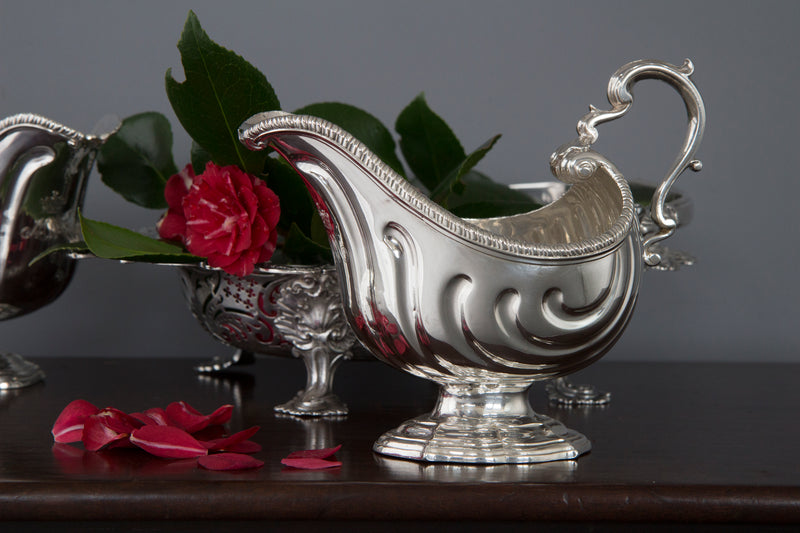 A Very Heavy Pair of George II Silver Pedestal Sauce Boats, London 1758, by Henry Dutton