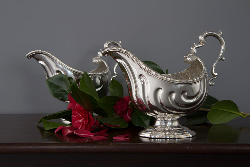 A Very Heavy Pair of George II Silver Pedestal Sauce Boats, London 1758, by Henry Dutton