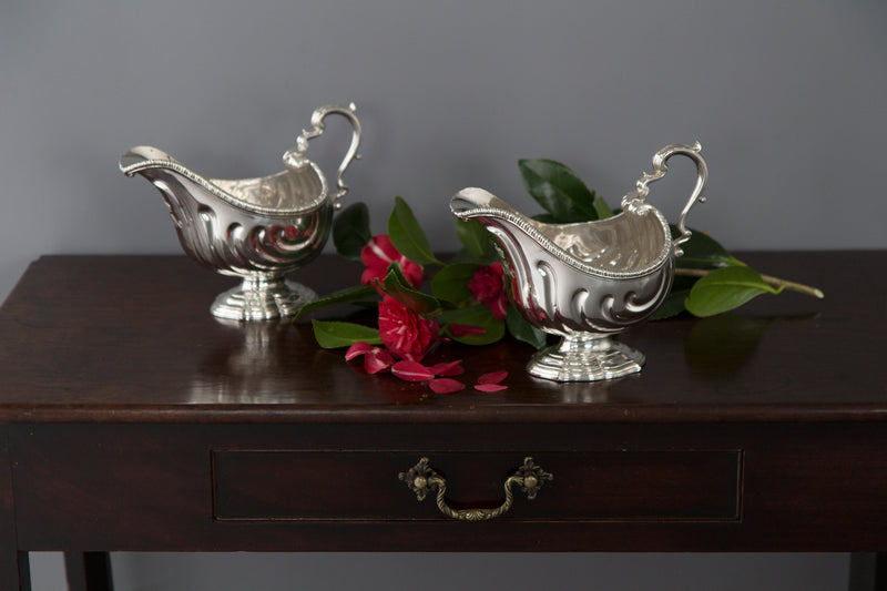 A Very Heavy Pair of George II Silver Pedestal Sauce Boats, London 1758, by Henry Dutton