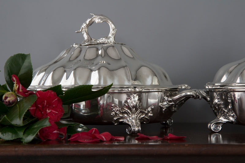 An Outstanding Pair of Silver Vegetable Tureens or Entree Dishes with Silver-Plated Warming Stands, by Joseph Angell & Son, London 1845