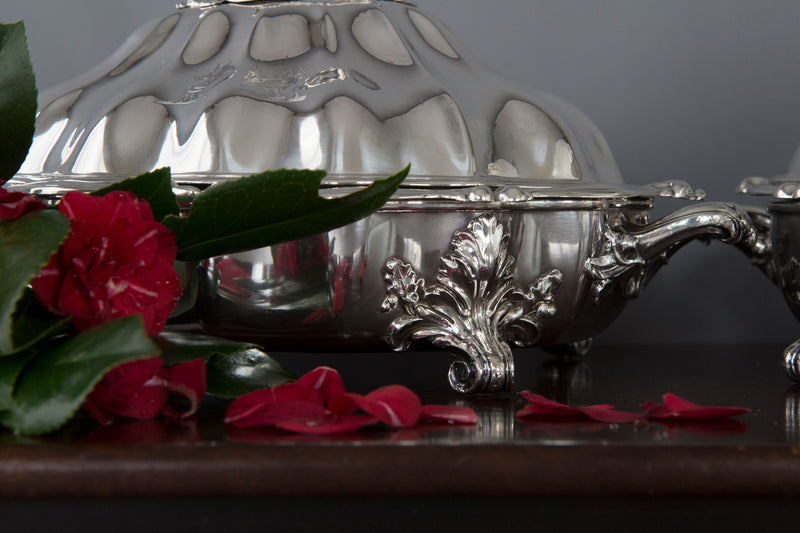 An Outstanding Pair of Silver Vegetable Tureens or Entree Dishes with Silver-Plated Warming Stands, by Joseph Angell & Son, London 1845