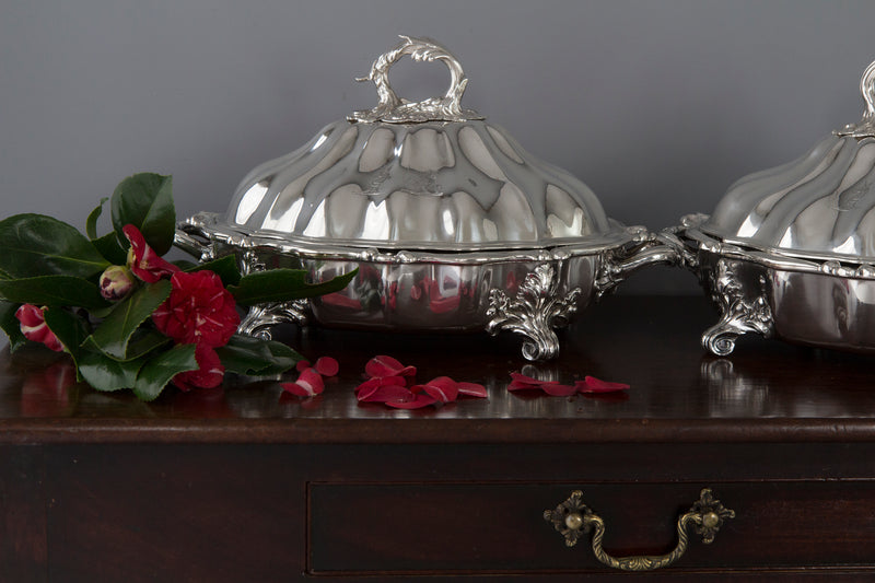 An Outstanding Pair of Silver Vegetable Tureens or Entree Dishes with Silver-Plated Warming Stands, by Joseph Angell & Son, London 1845