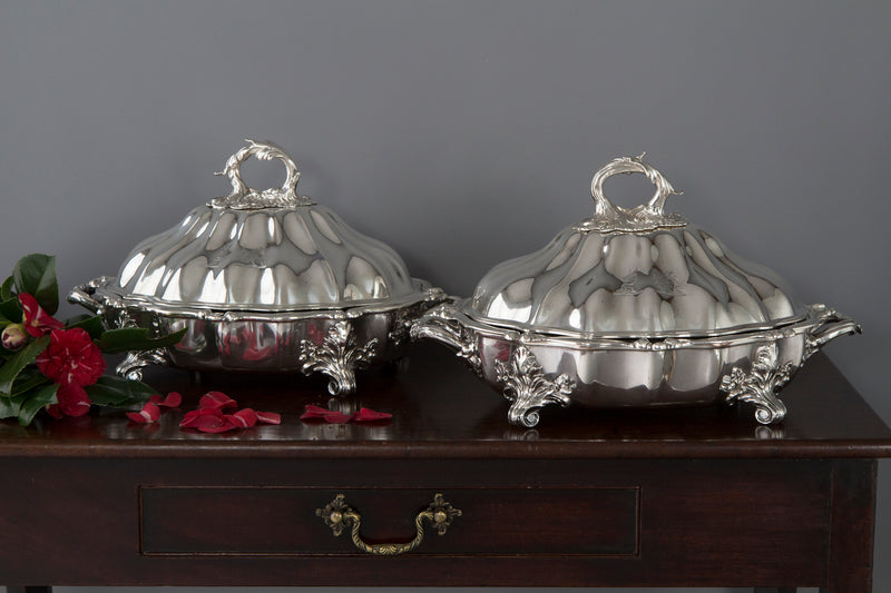 An Outstanding Pair of Silver Vegetable Tureens or Entree Dishes with Silver-Plated Warming Stands, by Joseph Angell & Son, London 1845