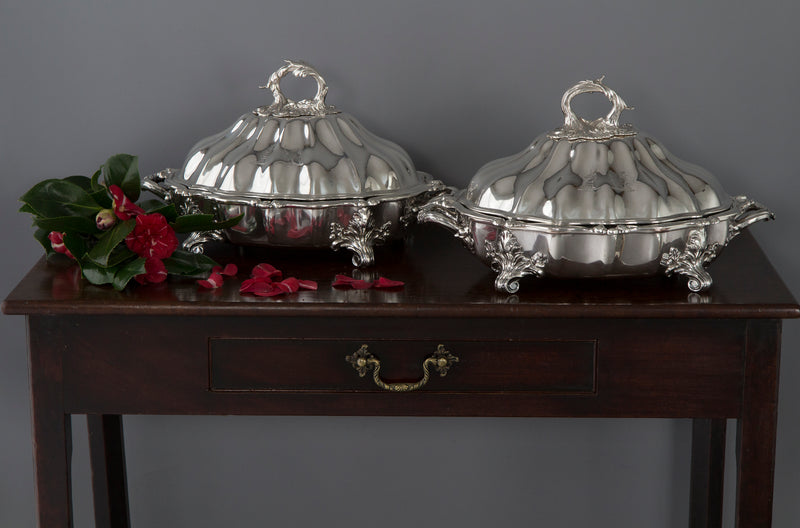 An Outstanding Pair of Silver Vegetable Tureens or Entree Dishes with Silver-Plated Warming Stands, by Joseph Angell & Son, London 1845