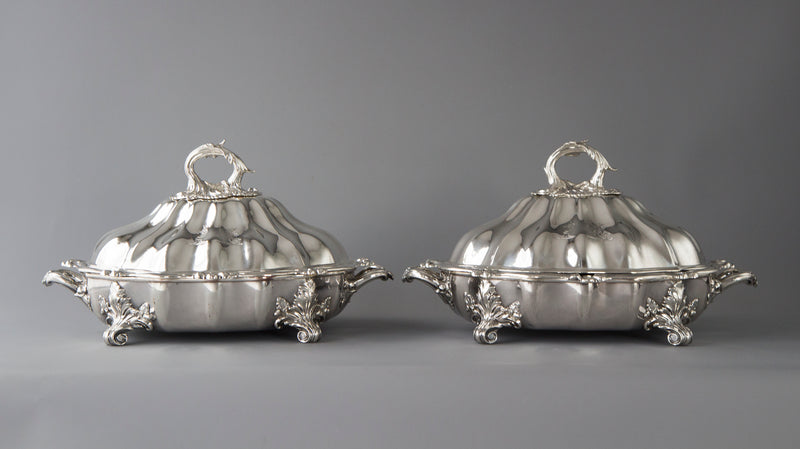 An Outstanding Pair of Silver Vegetable Tureens or Entree Dishes with Silver-Plated Warming Stands, by Joseph Angell & Son, London 1845