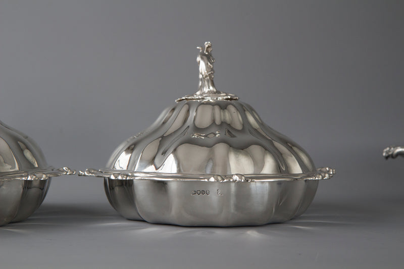 An Outstanding Pair of Silver Vegetable Tureens or Entree Dishes with Silver-Plated Warming Stands, by Joseph Angell & Son, London 1845