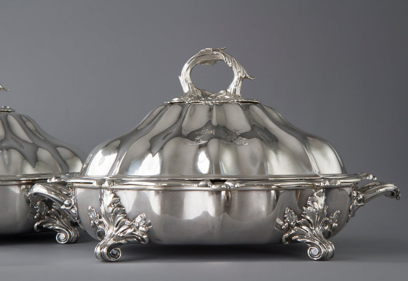 An Outstanding Pair of Silver Vegetable Tureens or Entree Dishes with Silver-Plated Warming Stands, by Joseph Angell & Son, London 1845