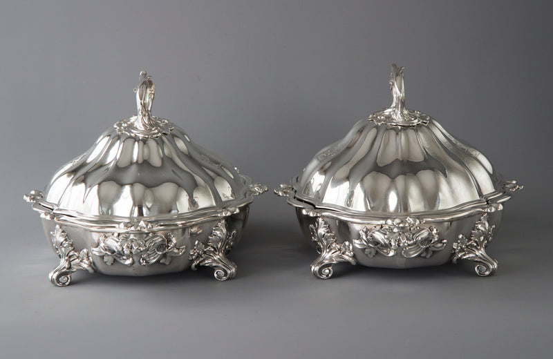 An Outstanding Pair of Silver Vegetable Tureens or Entree Dishes with Silver-Plated Warming Stands, by Joseph Angell & Son, London 1845