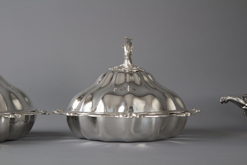 An Outstanding Pair of Silver Vegetable Tureens or Entree Dishes with Silver-Plated Warming Stands, by Joseph Angell & Son, London 1845